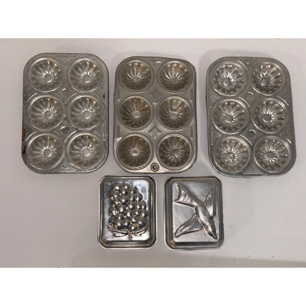 Vintage Aluminum Jello Cake Mold Set 5pc Mini Kid Bird Fluted 6-Cup Muffin Tins